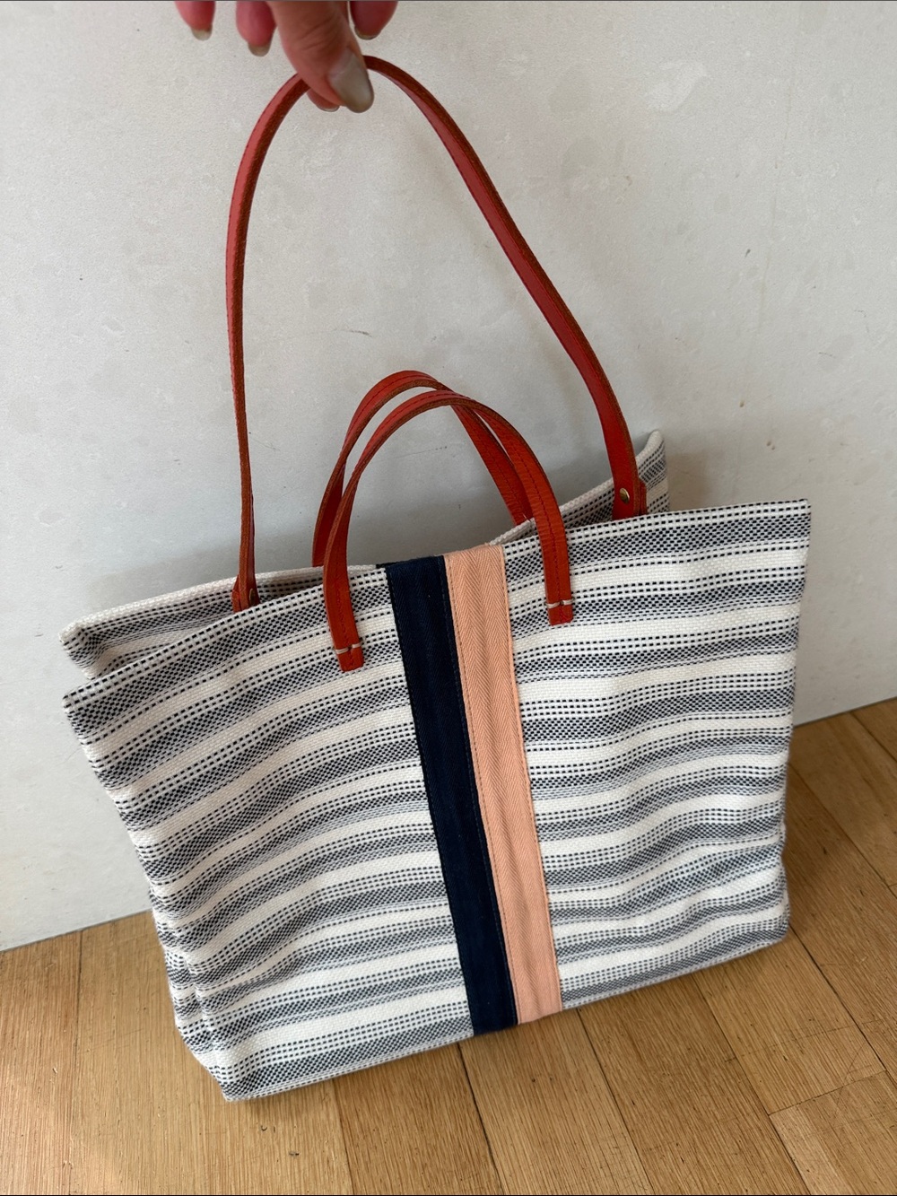 Clare V Striped Canvas Tote with Navy and Peach Center Stripes - Picture 2 of 5